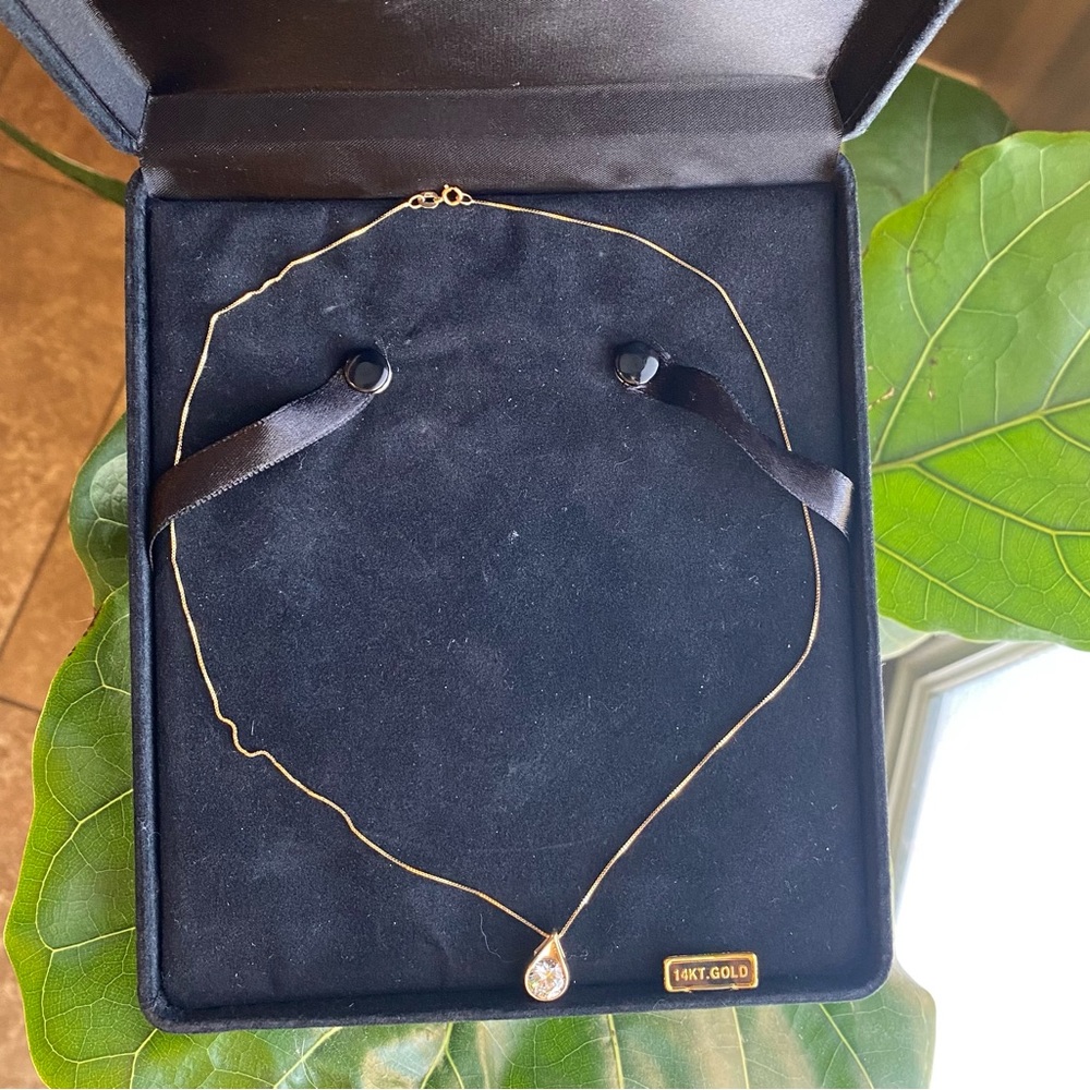 Diamonique 14k Yellow Gold 2 CT CZ Teardrop Pendant on Dainty 18” Chain